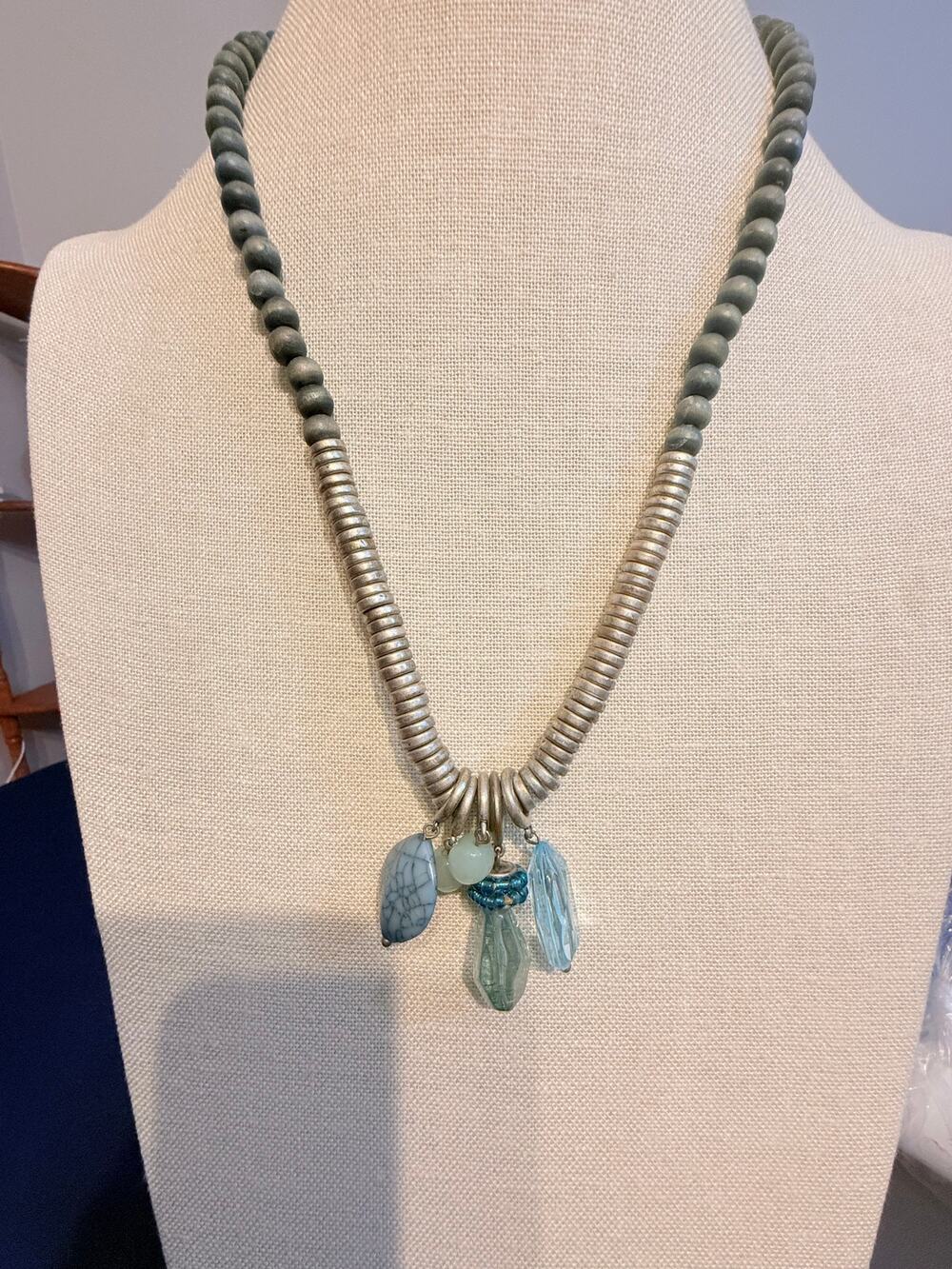 Vintage 22” Napier Wood Metal Stone Charm Necklace